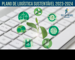 Detalhe de teclado de computador com sobreposição de ícones de sustentabilidade em círculo, tendo ao centro broto de planta. Tarja superior com fundo azul e texto Plano de Logística Sustentável 2023-2024.