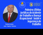imagem com fundo azul e texto branco. Foto de um homem de terno e gravata vermelha