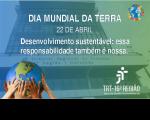 Imagem com foto da fachada do TRT-MA ao fundo, em transparência. Sobre a foto, texto branco em alusão ao Dia Mundial da Terra. No canto inferior esquerdo, foto do planeta Terra sendo segurado por várias mãos humanas. No canto inferior direito, logomarca do Tribunal, na versão branca.