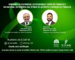 Imagem de fundo na cor verde em degradê, contendo, textos em branco. À esquerda, vê-se uma ilustração de laço na cor verde. Na parte superior está escrito o tema da palestra, em seguida, duas fotos centralizadas dos dois palestrantes. Na parte inferior, temos informações sobre a palestra  e as logomarcas da escola judicial e do TRT-16 