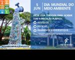 Foto ilustrativa de uma torneira despejando objetos plásticos no meio ambiente. Ao lado direito da imagem, tarja azul e texto escrito com letras brancas informações sobre o dia mundial do meio ambiente.