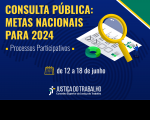 Arte em fundo azul e detalhe em verde e amarelo, com imagem de uma lupa sobre uma folha de papel branca com detalhes cinza e verde, um homem em tamanho pequeno e um círculo verde, além de um calendário e informações sobre a Consulta Pública: Metas Nacionais para 2024