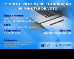 Imagem com fundo azul, onde se vê um notebook, um bloco de papel e uma caneta, além de texto  sobre o curso "Teoria e Prática de Elaboração de Minutas de Votos", e logomarcas da EJUD e do TRT.