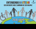 Ilustração com fundo azul, onde se veem vários bonecos em pé, sobre parte do globo terrestre. Os bonecos (representando pessoas em sua diversidade) estão de mãos dadas com uma criança, ao centro, representando o espectro autista. No topo, texto sobre o tema em letras pretas e coloridas. À direita, no canto superior, logomarca do TRT-16.