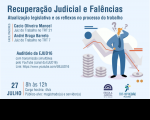 Arte com fundo azul claro, com a ilustração de um homem em pé, mão esquerda na cabeça e pontos de interrogação ao redor da cabeça, próximo a gráficos, olhando para várias moedas. Texto com informações sobre o curso Recuperação Judicial e Falências. Atualização legislativa e os reflexos no processo do trabalho. Abaixo, à direita, logomarcas da Ejud e do TRT-16.
