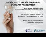 Imagem com fundo cinza claro e foto de uma mão segurando uma lâmpada, além de texto sobre a palestra Inovação: contextualização, abordagens e aplicação no Poder Judiciário. Abaixo, logomarcas da Ejud e do TRT-16.