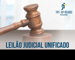 Arte com fundo claro, com imagem de uma martelo sobre uma mesa. Abaixo o texto LEILÃO JUDICIAL UNIFICADO. No canto superior direto, logomarca do TRT-MA, na versão azul.