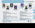 Imagem com fundo cinza, contendo vários quadrados na cor azul claro, e miniaturas de fotos de homens e mulheres. Na parte superior, uma faixa azul onde se lê 20ª Semana de Formação de Magistrados, na cor branca. A imagem contém outras informações sobre o evento. No canto inferior à direita, as logomarcas da Ejud16 e do TRT-16. 