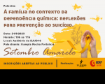 Imagem com fundo bege e pinceladas de tinta na cor amarela, com informações sobre a palestra referente ao Setembro Amarelo. No primeiro plano, uma grande pincelada de tinta amarela e uma planta abaixo de duas mãos segurando uma fita amarela que representa a campanha Setembro Amarelo. Na parte inferior, uma faixa amarela informando sobre inscrições e as logomarcas do TRT-16 e da Geap. 