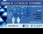 Imagem com fundo em tons diferenciados de azul, com vários ícones e figuras geométricas, e ilustração de um homem e uma mulher. Na parte superior, uma faixa azul onde está escrito SEMANA DE EXTENSÃO DE SERVIDORES na cor branca. Na parte central, texto sobre o evento. Na parte inferior, uma faixa na cor azul clara informando a carga horária e as logomarcas da Ejud16 e do TRT-16.