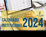 Foto de um notebook aberto sobre uma mesa, mostrando um calendário na tela e mãos de uma mulher claro digitando. Sobre as mãos da mulher, vê-se tarja amarela transparente com a inscrição CALENDÁRIO INSTITUCIONAL 2024 na cor azul. Na tarja também a logomarca colorida do TRT-16.