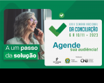 Imagem com fundo verde, onde se vê à esquerda uma mulher falando ao telefone, e logo abaixo a frase: "A um passo da solução". Na parte central da imagem, uma faixa na cor branca com as informações sobre a Semana Nacional da Conciliação. No rodapé, as logomarcas do TRT-16, Poder Judiciário e do CNJ.