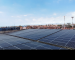   Foto de várias placas solares fotovoltaicas que estão localizadas no topo de um edifício. No segundo plano, há casas e edifícios que estão localizados mais distantes.