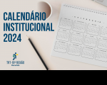 Imagem de fundo claro em tom bege com foto d um calendário branco com espiral e lápis preto ao lado. À esquerda, veem-se o texto CALENDÁRIO INSTITUCIONAL 2024 em azul e a logomarca do TRT-16, versão colorida.