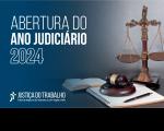 Imagem com fundo azul degradê, onde se vê, à esquerda, o texto branco ABERTURA DO ANO JUDICIÁRIO 2024 e a logomarca do TRT-16, na versão branca. À direita, vê-se foto contendo uma balança da justiça, um martelo de juiz e uma caneta sobre um caderno, e um livro aberto atrás de todos esses objetos.