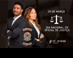 Arte com fundo escuro, contendo duas pessoas, um homem e uma mulher, de costas um para o outro e de braços cruzados. Ao lado, texto escrito 25 DE MARÇO, DIA MUNDIAL DO OFICIAL DE JUSTIÇA. Abaixo, logomarca do TRT-16.