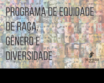 Imagem com fundo colorido, porém opaco, retratando desenhos de vários rostos de pessoas representando a diversidade de raças e gêneros. Em primeiro plano, veem-se texto preto com o nome do programa à esquerda e logomarca do TRT-16 no canto inferior direito, na versão preta.