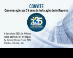 Arte de convite com fundo claro em tons de branco e azul. No topo, textos em azul escuro e preto. No centro, selo dos 35 anos. Abaixo, à esquerda, texto preto com informações sobre o evento.