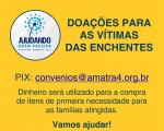 Arte com fundo amarelo e textos com informações sobre as doações para as vítimas das enchentes.