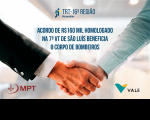 Arte com foto de aperto de mãos entre duas pessoas em fundo claro. No topo, centralizados, veem-se a logomarca do TRT-16 e texto sobre o acordo com letras azuis. No canto inferior esquerdo, vê-se a logomarca do MPT. No canto inferior direito, vê-se a logomarca da Vale.