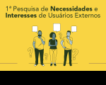 Arte com fundo amarelo e texto com o nome da pesquisa em letras pretas. Abaixo, ilustração de três pessoas pensativas em desenhos pretos.