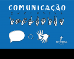 Arte com fundo azul e inscrição COMUNICAÇÃO INCLUSIVA no alto em letras brancas e pretas. Ao centro, ilustração de mãos fazendo sinais de LIBRAS. Abaixo, ilustrações de balão de diálogo, e sinais para pessoas surdas. No canto inferior direito, a logomarca do TRT-16.