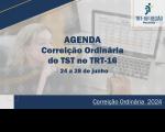 Arte com a imagem de fundo mesclada de uma mulher loira e um calendário na tela de um notebook, com uma película na cor branca sobreposta. À frente, texto AGENDA CORREIÇÃO ORDINÁRIA DO TST NO TRT-16, além de uma tarja no rodapé da imagem, de cor azul, e texto escrito CORREIÇÃO ORDINÁRIA 2024. Ao lado direito, na parte superior, logomarca do TRT-16. 
