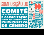 Arte com fundo bege claro e elementos em tons de turquesa e salmon, mostrando composição de figuras geométricas à direita e texto com o nome do comitê à esquerda.