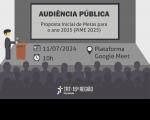 Arte em tons de cinza claro e escuro, onde se vê um homem falando ao microfone numa tribuna à esquerda. Ao centro, veem-se as informações da audiência pública numa tela. Na base, vê-se a plateia em vultos com a logomarca do TRT-16 centralizada.