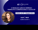Arte em tons de azul escuro com ondas em azul mais claro. À esquerda, foto de uma mulher clara e de cabelos escuros. À direita, logomarcas da Escola Judicial e do TRT-16, e textos na cor branca, com informações do evento.