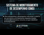 Imagem de fundo escuro, mostrando telas de computador com textos e gráficos em tons de verde. Em primeiro plano, textos brancos com o nome do novo sistema SMD e sobre quais servidores serão monitorados. Na base, logomarca do TRT-16.