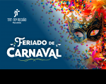 Arte com fundo azul escuro e degradê ao centro, na diagonal, ligando a uma imagem carnavalesca composta de máscara azul e confetes coloridos sobre fundo branco. Na área azul, vê-se a logomarca do TRT-16, no alto, e o texto FERIADO DE CARNAVAL, abaixo.