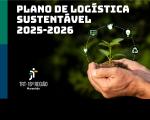 Arte com fundo negro e frase na parte superior: Plano de Logística Sustentável 2025-2026. Na parte inferior a logo do TRT16 e uma imagem de duas mãos segurando uma muda de planta