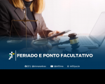 Foto parcial de uma mulher de cabelos claros, usando blazer marrom, segurando um celular na mão esquerda e um martelo de juiz na mão direita, em frente a um notebook aberto. Ao seu lado, vê-se uma balança, representando a Justiça. Em primeiro plano, uma tarja azul com o texto branco FERIADO  E PONTO FACULTATIVO ao lado da logomarca do TRT-16. Abaixo do texto, os ícones e endereços do TRT-16 nas redes sociais.