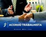 Foto do recorte de um aperto de mãos entre dois homens de pele clara, acima de uma mesa e à frente de outro homem, também de pele clara, com as mãos estendidas e segurando uma caneta com a direita. Na base, tarja azul em degradê, onde se vê, à esquerda, a logomarca do TRT-16 e, ao centro, o texto branco ACORDO TRABALHISTA. Abaixo do texto, veem-se os endereços do TRT-16 nas redes sociais.