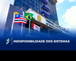 Foto da fachada do TRT-16. No rodapé, tarja azul em degradê com o texto branco INDISPONIBILIDADE  DOS SISTEMAS.