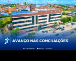 Arte com foto do Fórum Astolfo Serra em São Luìs. Na parte inferior a informação: Avanço nas conciliações