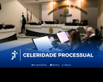 Arte com foto do Tribunal Pleno do TRT-16. Destaque para a informação: CELERIDADE PROCESSUAL