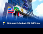 Arte composta pela imagem da fachada do prédio sede do TRT-16 e a informação em destaque no rodapé: DESLIGAMENTO DA REDE ELÉTRICA