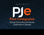Arte com o fundo azul marinho e ao centro a sigla PJE para Colegiados, novas soluções de pauta, Gabinete e Sessão ( nas cores Branca e laranja).