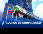 Arte feita com a foto da fachada do prédio-sede e a informação: ACORDO DE COOPERAÇÃO