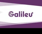 Arte mostra no centro da tela o nome GALILEU na cor lilás.