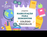 Imagem de fundo lilás com ilustrações de elementos escolares nas bordas. Ao centro, imagem de folha de papel, onde se lê o nome do programa e do Colégio Educallis.