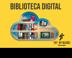 Livros e notebook organizados em prateleiras no formato de nuvem sobre fundo amarelo. No topo, texto BIBLIOTECA DIGITAL em letras maiúsculas na cor preta. No canto inferior direito, a logomarca do TRT-16 na versão preta.