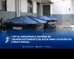 Foto mostra duas caixas dágua, uma ao lado da outra. Na parte inferior a tarja com a informação: TRT-16 implementa Sistema de Reaproveitamento de água para lavagem da frota oficial