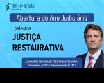 Imagem com fundo azul claro. No topo, logomarca do TRT-16. Ao centro, texto preto com o nome da palestra. Acima dele, tarjas azuis escuras com textos brancos. À direita, foto de um homem claro, usando terno escuro, camisa branca e gravata vermelha listrada.