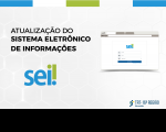 Imagem de fundo branco com elementos coloridos em azul e verde no topo. Ao centro, texto preto e imagem de tela de computador. Abaixo, logomarcas do SEI! e do TRT-16.