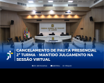 Foto mostra o pleno do TRT-16. Na parte inferior a informação: CANCELAMENTO DE PAUTA PRESENCIAL 2ª TURMA - MANTIDO JULGAMENTO SESSÃO VIRTUAL
