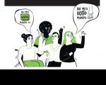 Arte feita com fundo branco e uma figura (desenho) de quatro pessoas conversando. E no balão de diálogo a informação: No meu voto mando Eu.