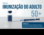 Imagem de frasco de vacina e seringa sobre fundo neutro em azul e cinza, e textos relacionados ao tema.